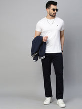 Genips Men's Navy Cotton Stretch Rico Slim Fit Solid 5 Pocket Trouser